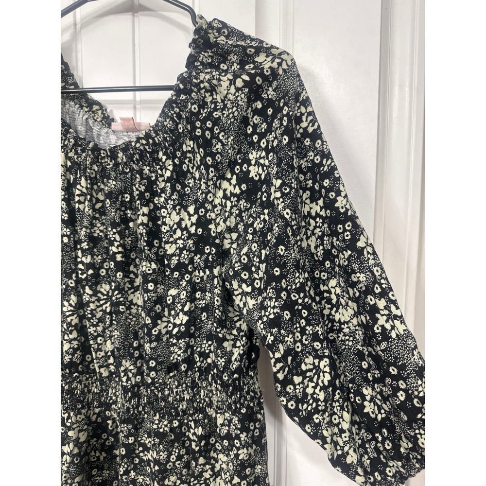 Knox Rose Black Green Floral Smocked Waist Midi Dress Womens Medium Boho Ruffle - Picture 3 of 12